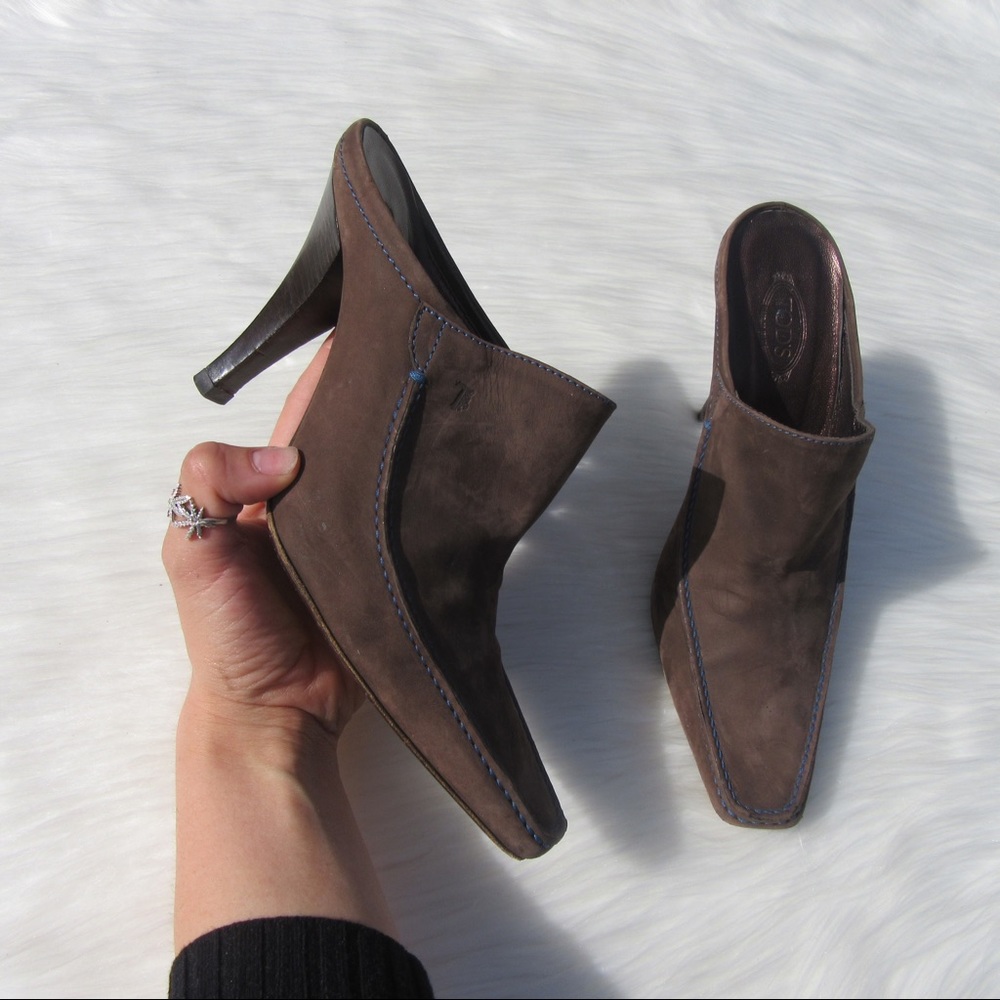 TODS SZ 8.5 BROWN LEATHER MULE HEELS SHOES